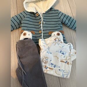 Striped Blue and Cream Kids Matching Set with Dog Print